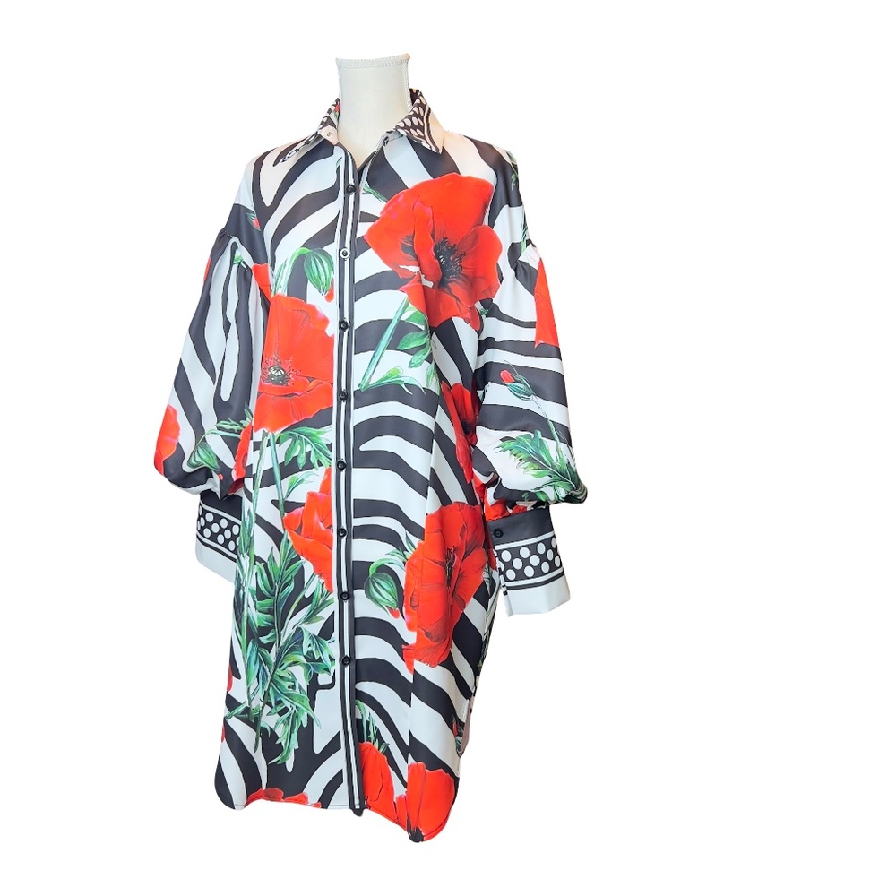 #A322   Nancy Artistic Style Floral Zebra Print Button-Down Shirt Dress NWOT M - Picture 4 of 11
